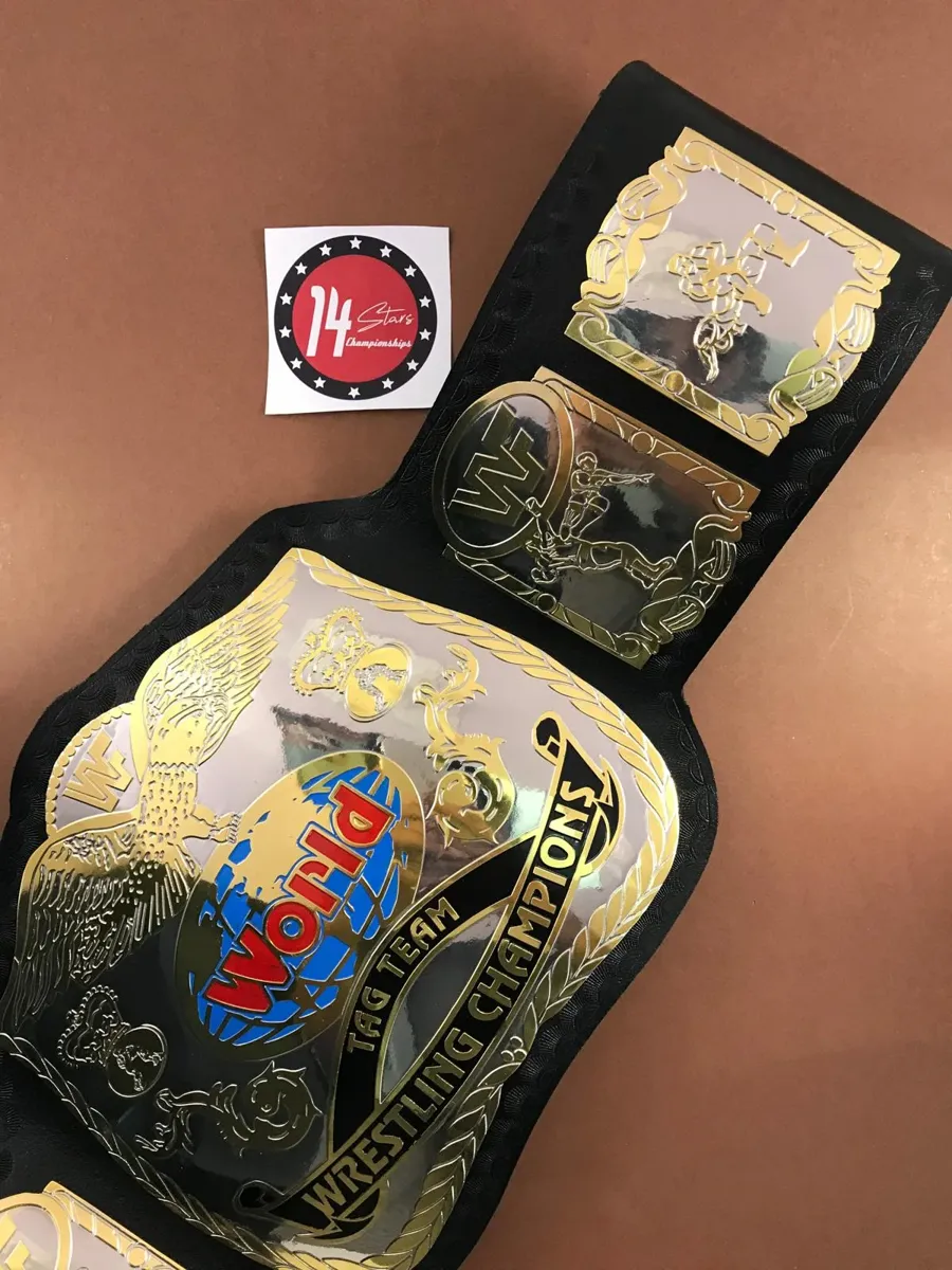 WWF World Tag Team Dual Plated 24K Gold Zinc Championship Belt — view 3